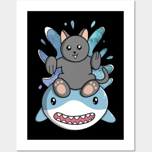 Cat Rides Swimming Shark Posters and Art